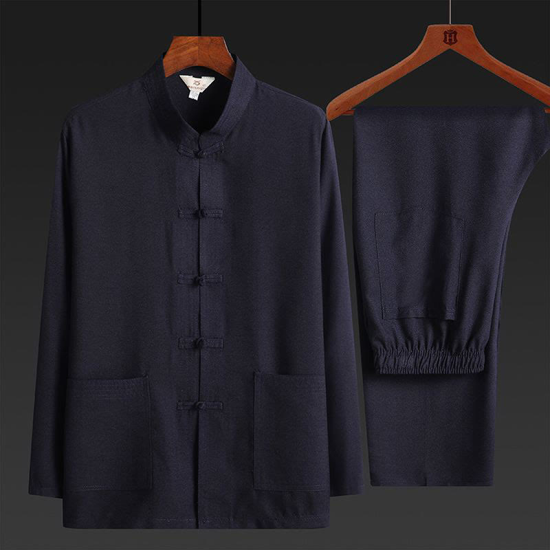 Conjunto de 2 piezas de traje Tang con botones de rana y camisa de manga larga para hombre, color liso , con Buddha Stones - Azul medianoche - Juego de 2 piezas - US/UK/AU44, EU54 (4XL) - image 0