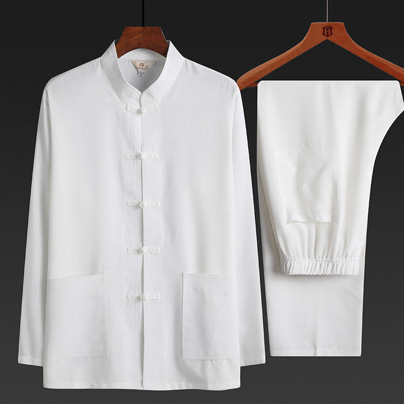 Conjunto de 2 piezas de traje Tang con botones de rana y camisa de manga larga para hombre, color liso, con Buddha Stones - Blanco - Juego de 2 piezas - US/UK/AU42, UE 52 (4XL) - image 19