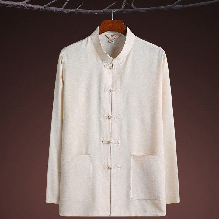 Conjunto de 2 piezas de traje Tang con botones de rana y camisa de manga larga para hombre, color liso, con Buddha Stones - image 17