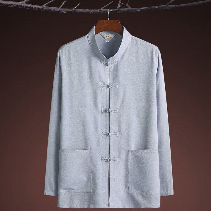 Conjunto de 2 piezas de traje Tang con botones de rana y camisa de manga larga para hombre, color liso, con Buddha Stones - image 5