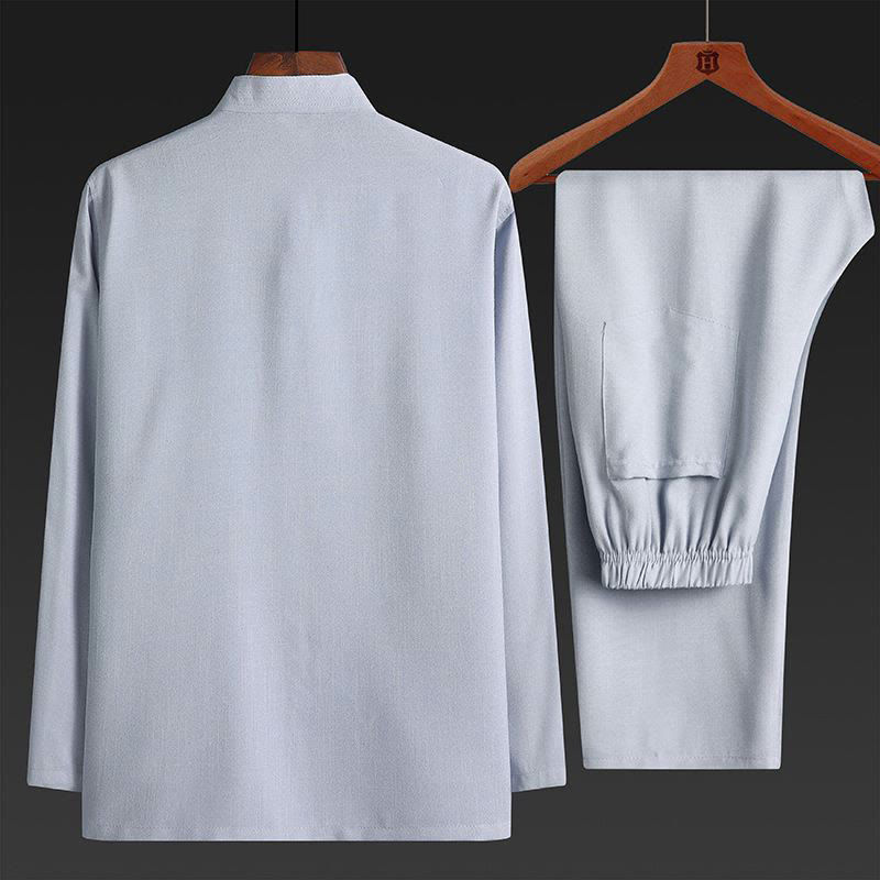 Conjunto de 2 piezas de traje Tang con botones de rana y camisa de manga larga para hombre, color liso, con Buddha Stones - image 4