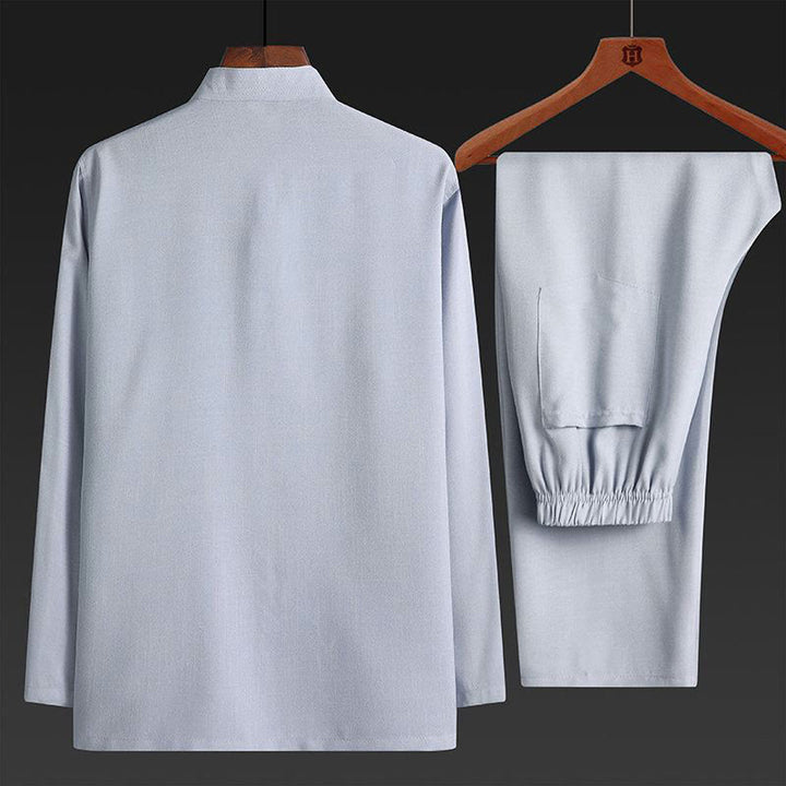 Conjunto de 2 piezas de traje Tang con botones de rana y camisa de manga larga para hombre, color liso, con Buddha Stones - image 4