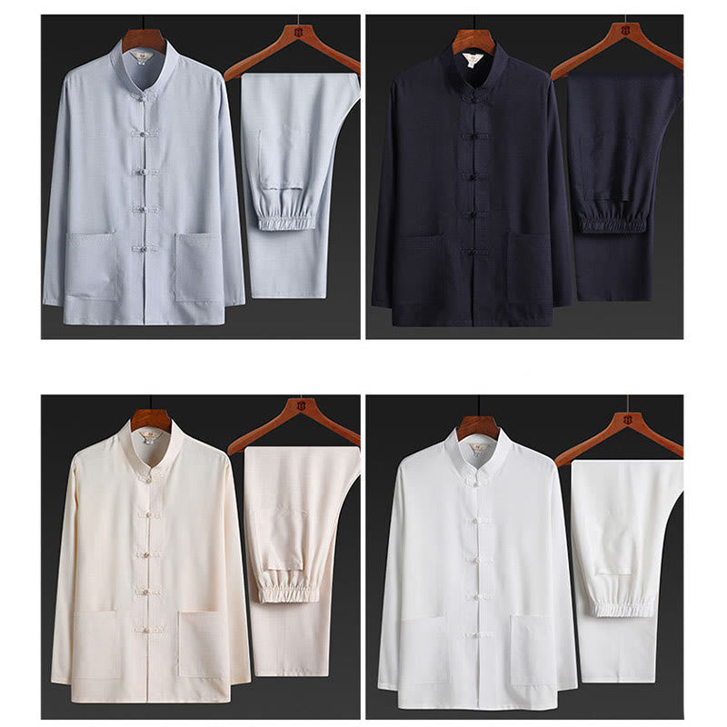 Conjunto de 2 piezas de traje Tang con botones de rana y camisa de manga larga para hombre, color liso, con Buddha Stones - image 22