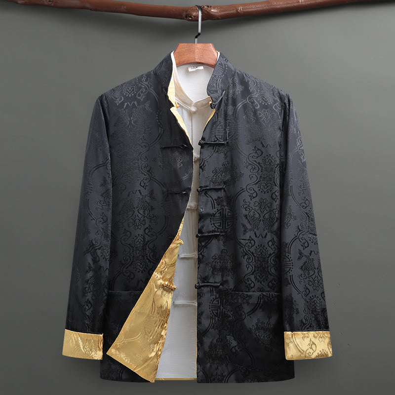 Camisa de manga larga con bolsillos y botones de rana para hombre de Buddha Stones Tang Suit, con estampado de peces koi. - Negro + Amarillo - US/UK/AU42, EU52 (3XL) - image 0