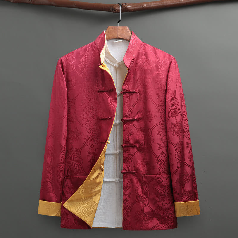 Camisa de manga larga con bolsillos y botones de rana para hombre de Buddha Stones Tang Suit, con estampado de peces koi. - Carmesí - US/UK/AU42, EU52 (3XL) - image 9