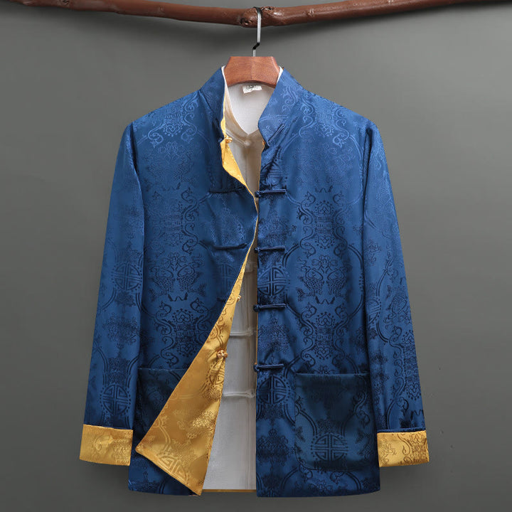 Camisa de manga larga con bolsillos y botones de rana para hombre de Buddha Stones Tang Suit, con estampado de peces koi. - Azul real - US/UK/AU42, EU52 (3XL) - image 1
