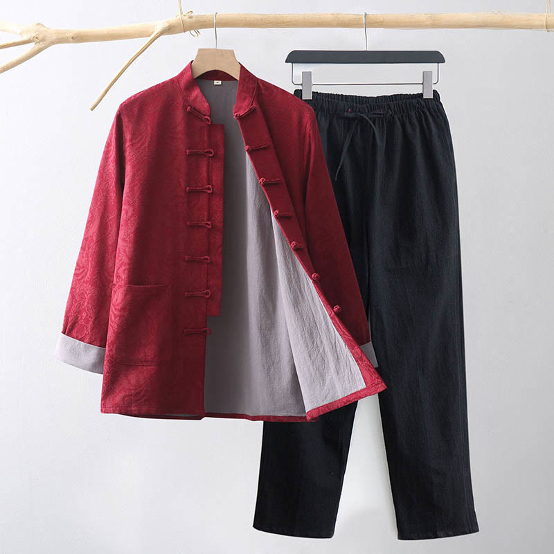 Conjunto de 2 Buddha Stones de traje Tang para hombre con diseño de enredadera de jacquard y botones de rana de algodón, camisa de manga larga y pantalones - Carmesí - US/UK/AU44, EU54 (4XL) - image 9