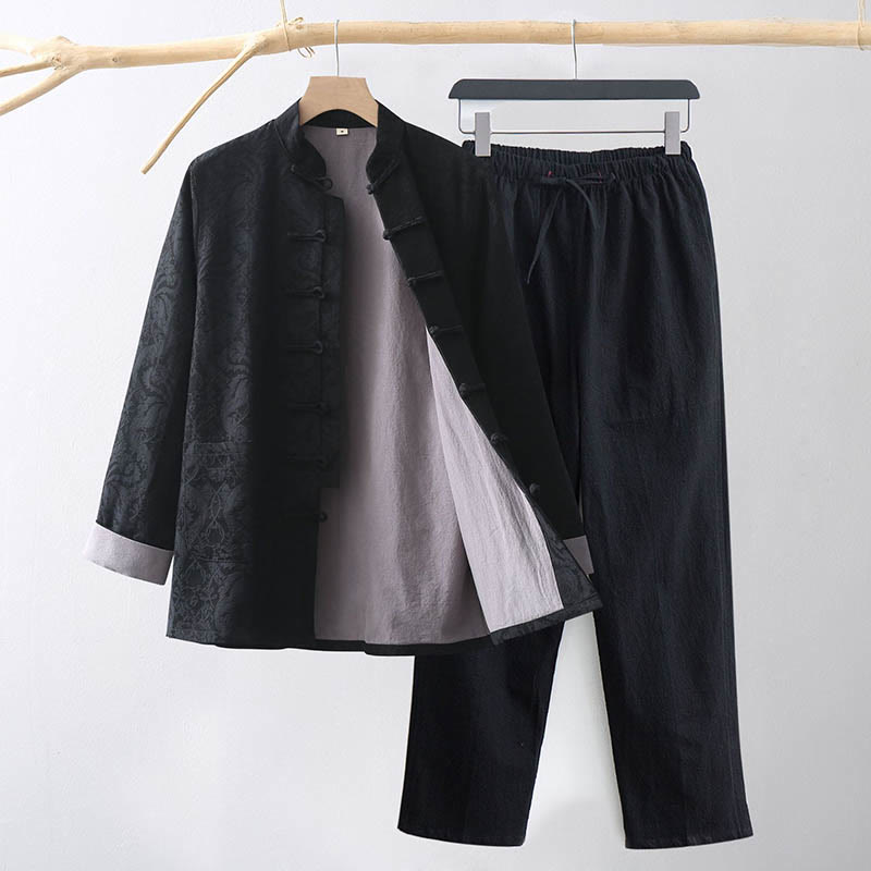 Conjunto de 2 Buddha Stones de traje Tang para hombre con diseño de enredadera de jacquard y botones de rana de algodón, camisa de manga larga y pantalones - Negro - US/UK/AU44, EU54 (4XL) - image 10