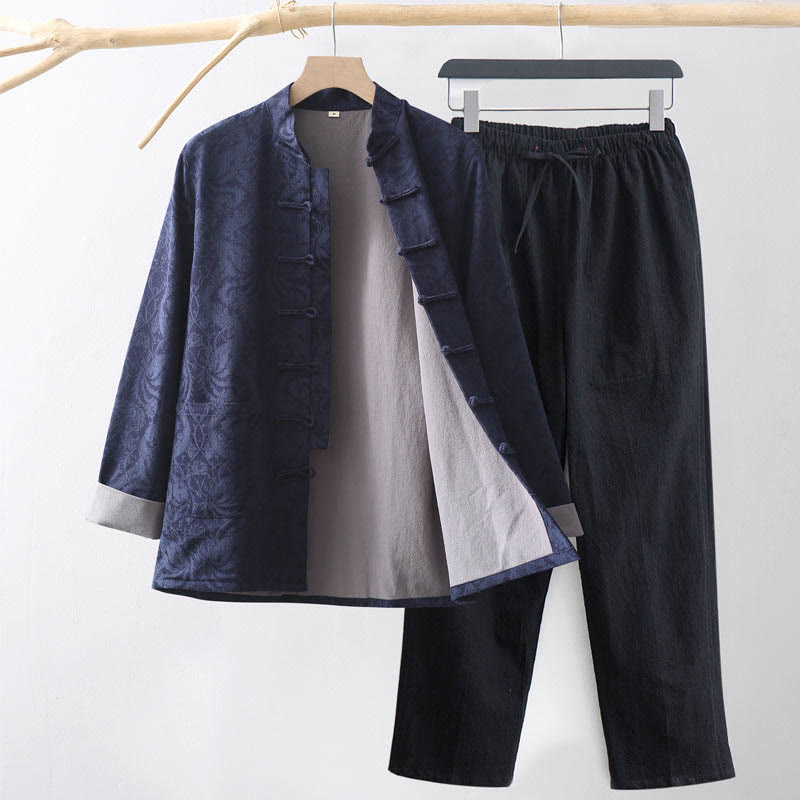 Conjunto de 2 Buddha Stones de traje Tang para hombre con diseño de enredadera de jacquard y botones de rana de algodón, camisa de manga larga y pantalones - Azul acero - US/UK/AU44, EU54 (4XL) - image 0
