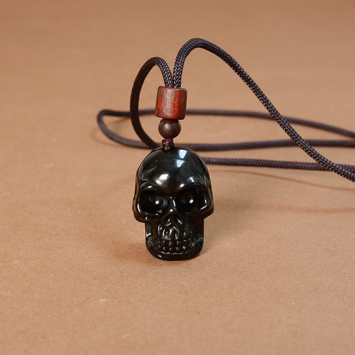 Collar con colgante de esqueleto Shmashana con cuerda de obsidiana negra y Buddha Stones