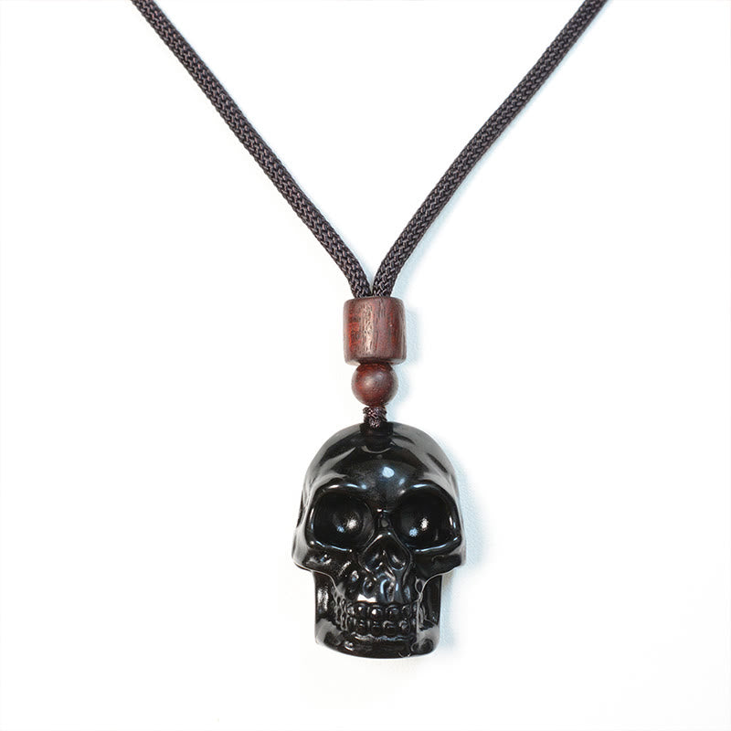 Collar con colgante de esqueleto Shmashana con cuerda de obsidiana negra y Buddha Stones