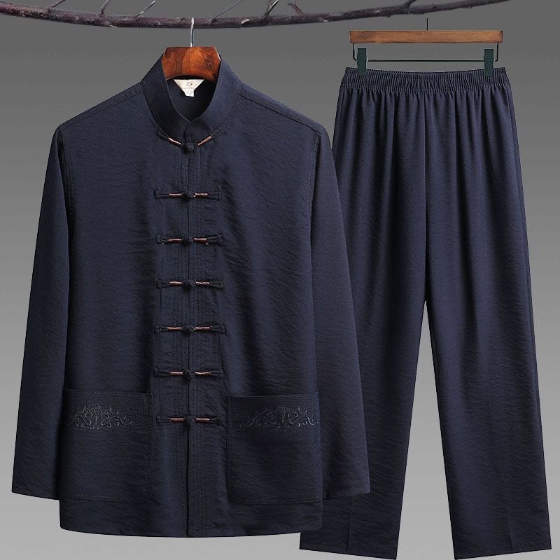 Conjunto de 2 piezas de camisa y pantalones de manga larga con botones de rana para hombre con traje Tang sencillo y Buddha Stones - Azul acero - Juego de 2 piezas - US/UK/AU42, UE 52 (4XL) - image 0