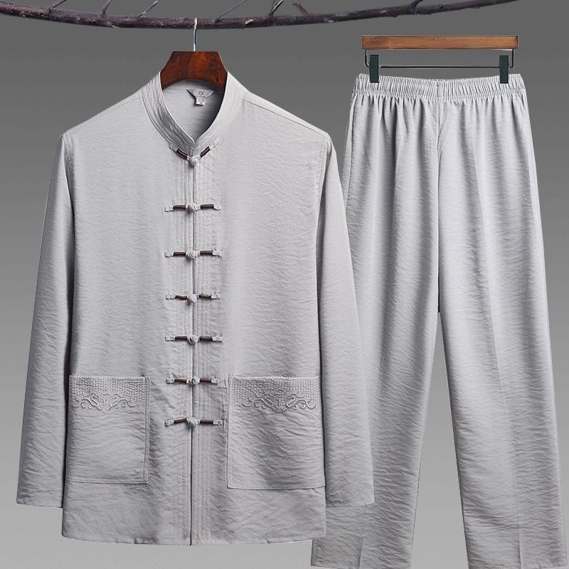 Conjunto de 2 piezas de camisa y pantalones de manga larga con botones de rana para hombre con traje Tang sencillo y Buddha Stones - Gris claro - Juego de 2 piezas - US/UK/AU44, EU54 (4XL) - image 12