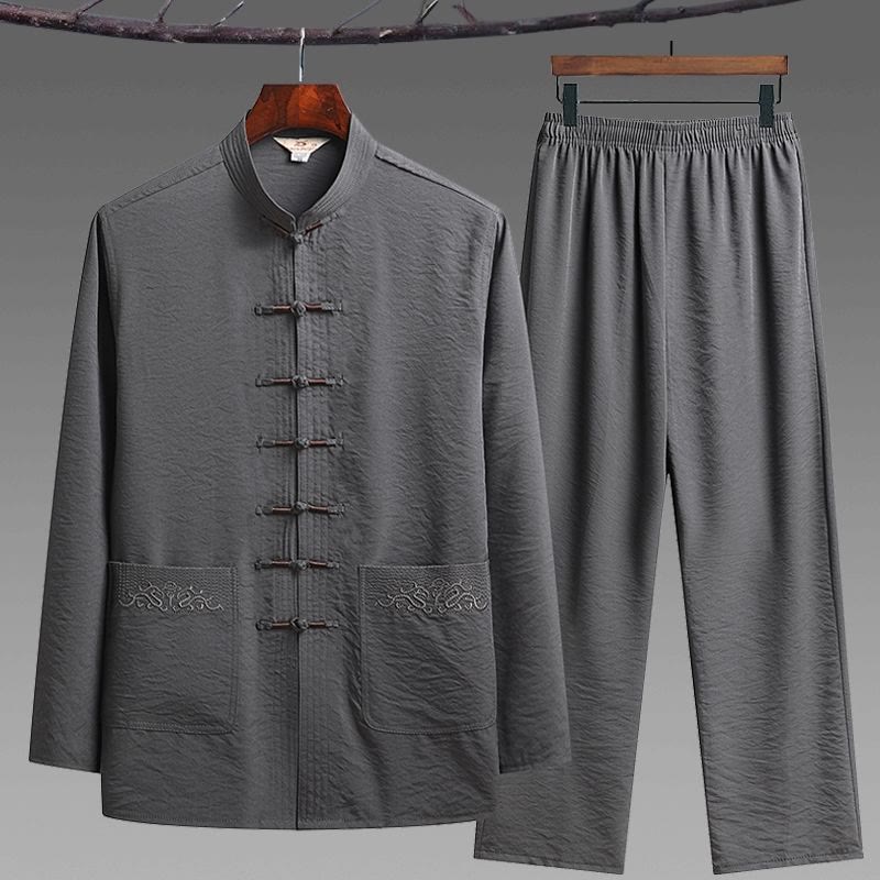 Conjunto de 2 piezas de camisa y pantalones de manga larga con botones de rana para hombre con traje Tang sencillo y Buddha Stones
