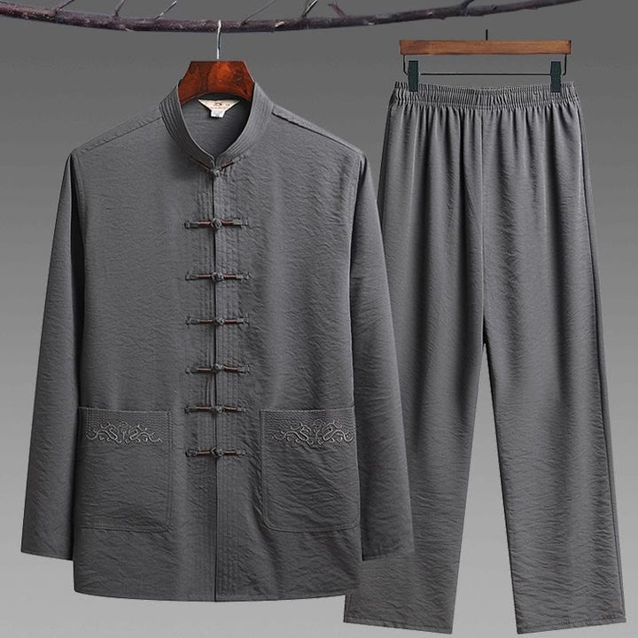 Conjunto de 2 piezas de camisa y pantalones de manga larga con botones de rana para hombre con traje Tang sencillo y Buddha Stones