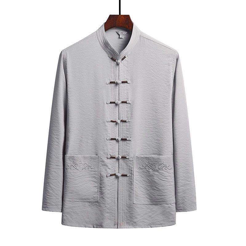 Conjunto de 2 piezas de camisa y pantalones de manga larga con botones de rana para hombre con traje Tang sencillo y Buddha Stones