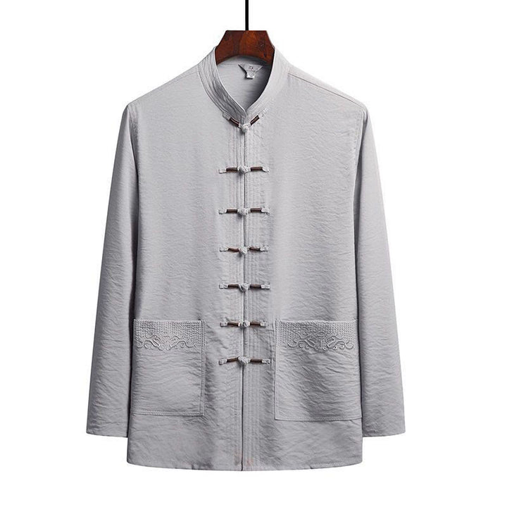 Conjunto de 2 piezas de camisa y pantalones de manga larga con botones de rana para hombre con traje Tang sencillo y Buddha Stones - Gris claro - Camisa - US/UK/AU44, EU54 (4XL) - image 13