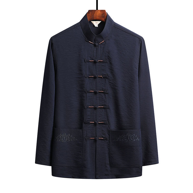 Conjunto de 2 piezas de camisa y pantalones de manga larga con botones de rana para hombre con traje Tang sencillo y Buddha Stones - Azul acero - Camisa - US/UK/AU42, UE 52 (4XL) - image 1