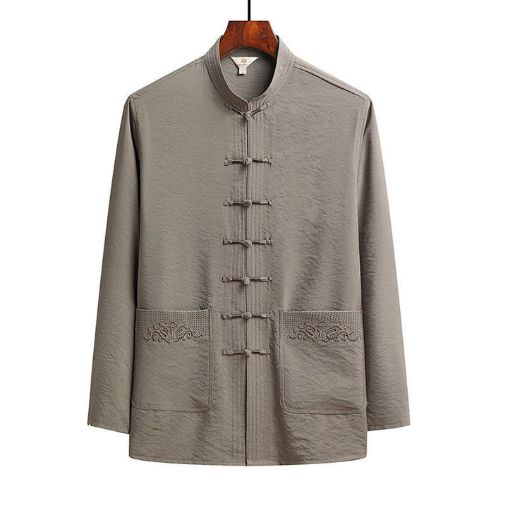 Conjunto de 2 piezas de camisa y pantalones de manga larga con botones de rana para hombre con traje Tang sencillo y Buddha Stones