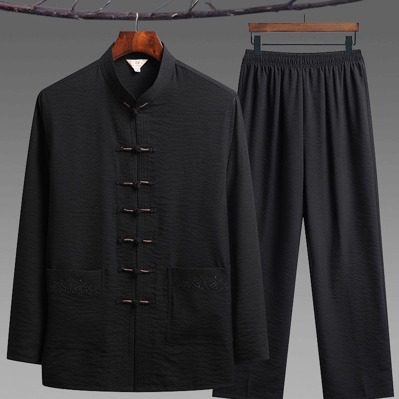 Conjunto de 2 piezas de camisa y pantalones de manga larga con botones de rana para hombre con traje Tang sencillo y Buddha Stones