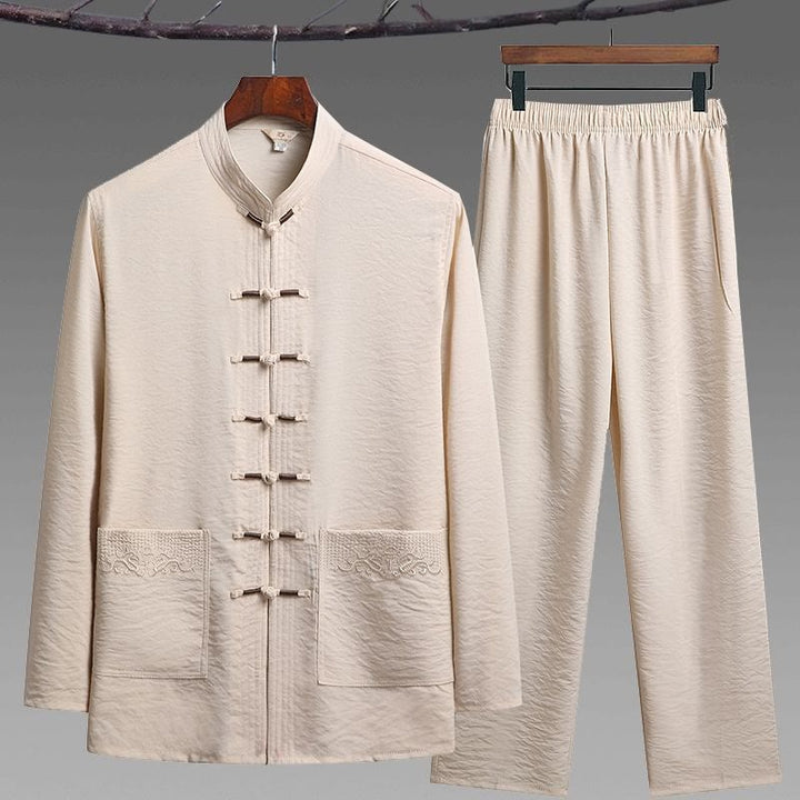 Conjunto de 2 piezas de camisa y pantalones de manga larga con botones de rana para hombre con traje Tang sencillo y Buddha Stones