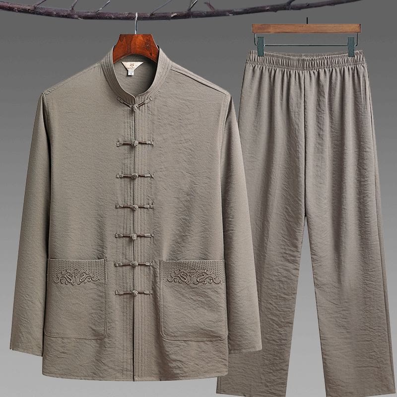 Conjunto de 2 piezas de camisa y pantalones de manga larga con botones de rana para hombre con traje Tang sencillo y Buddha Stones
