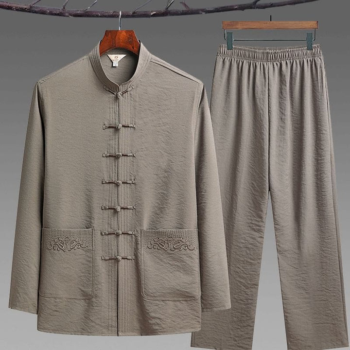 Conjunto de 2 piezas de camisa y pantalones de manga larga con botones de rana para hombre con traje Tang sencillo y Buddha Stones