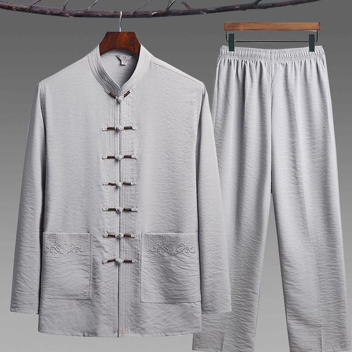 Conjunto de 2 piezas de camisa y pantalones de manga larga con botones de rana para hombre con traje Tang sencillo y Buddha Stones