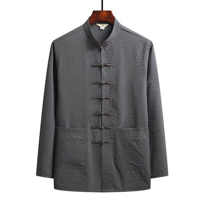 Conjunto de 2 piezas de camisa y pantalones de manga larga con botones de rana para hombre con traje Tang sencillo y Buddha Stones - Gris - Camisa - US/UK/AU44, EU54 (4XL) - image 5