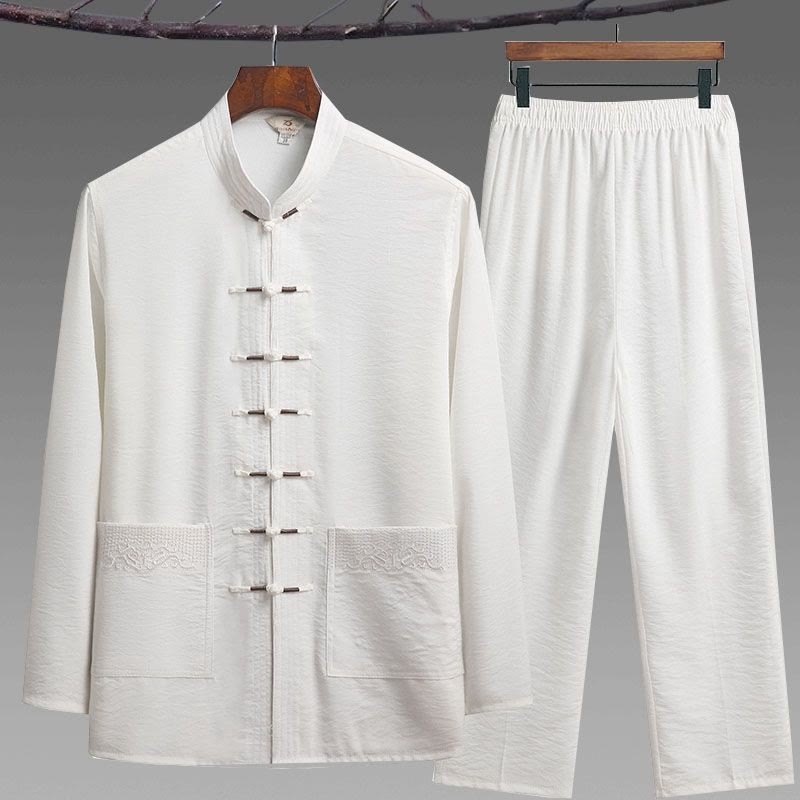 Conjunto de 2 piezas de camisa y pantalones de manga larga con botones de rana para hombre con traje Tang sencillo y Buddha Stones