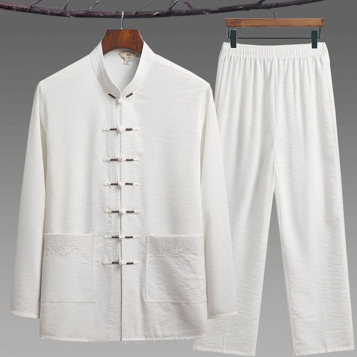 Conjunto de 2 piezas de camisa y pantalones de manga larga con botones de rana para hombre con traje Tang sencillo y Buddha Stones