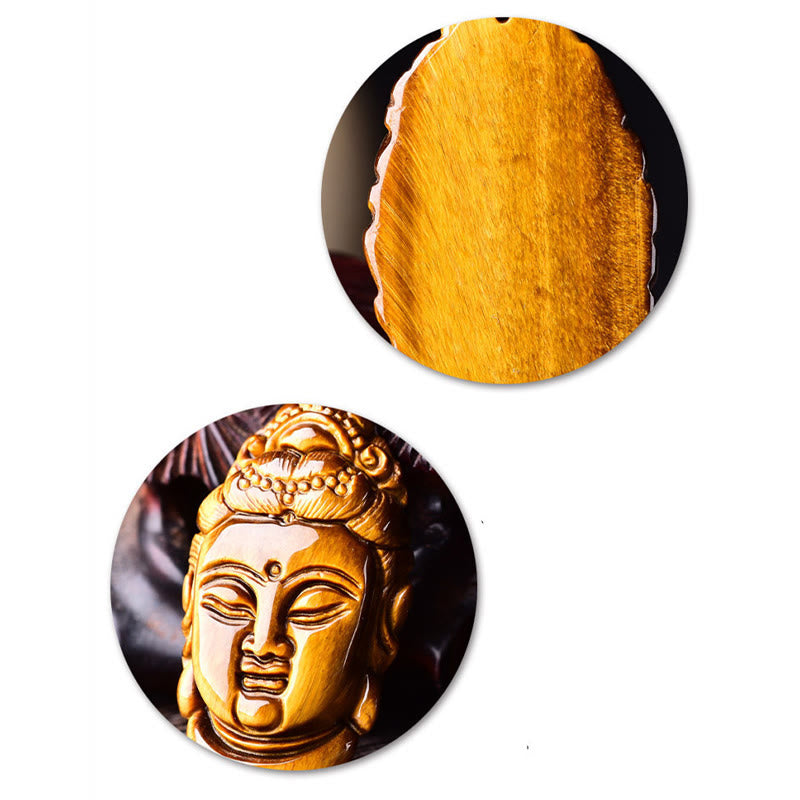 Collar con colgante de fuerza con cuerda y cabeza de Avalokitesvara, Kwan Yin, ojo de tigre y Buddha Stones