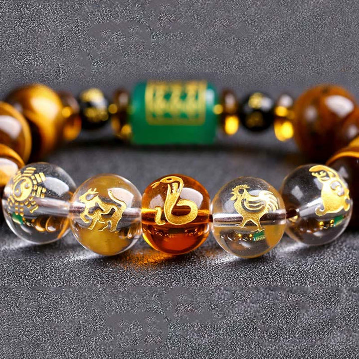 Pulsera de coraje con ojo de tigre del zodíaco chino y Buddha Stones