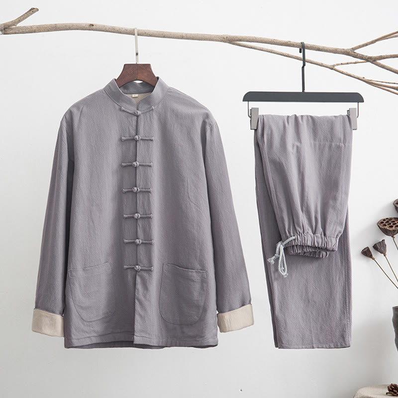 Conjunto de 2 piezas de traje zen Tang de lino con botones de rana y camisa de manga larga y pantalones para hombre con Buddha Stones - Gris - US/UK/AU44, EU54 (4XL) - image 0