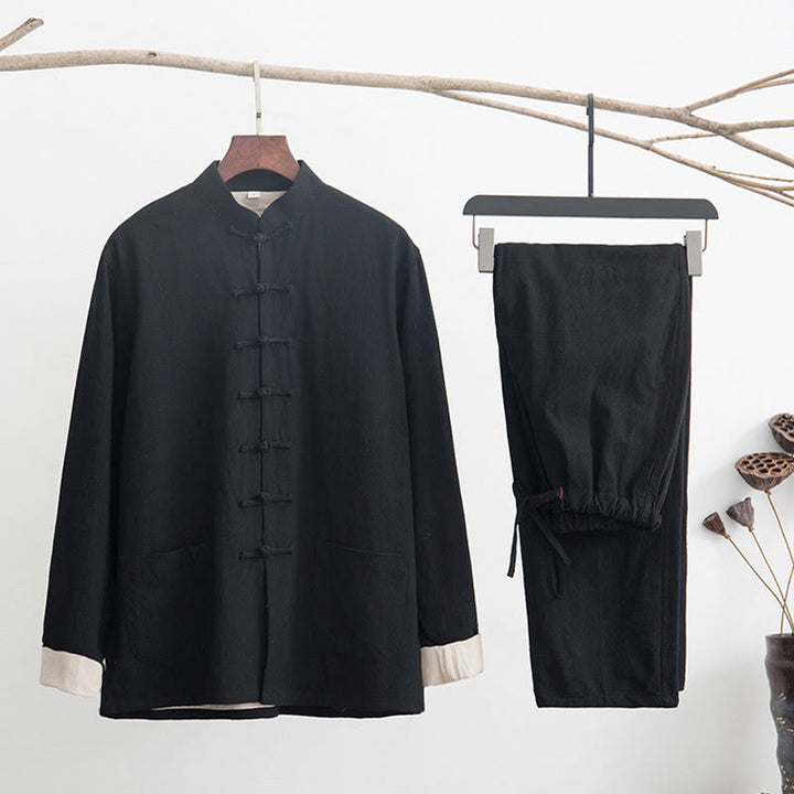 Conjunto de 2 piezas de traje zen Tang de lino con botones de rana y camisa de manga larga y pantalones para hombre con Buddha Stones - Negro - US/UK/AU44, EU54 (4XL) - image 2