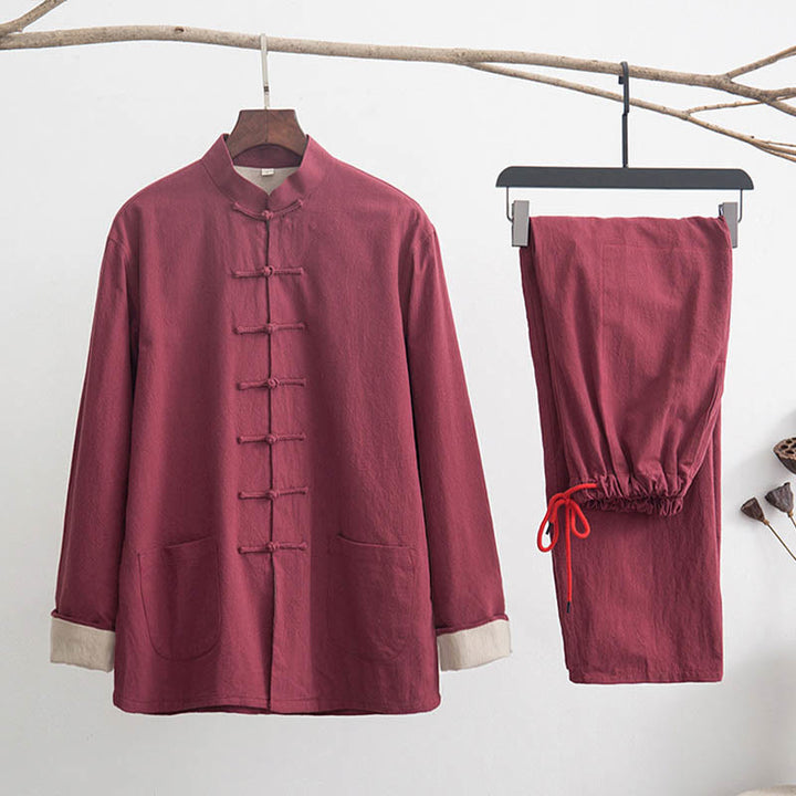 Conjunto de 2 piezas de traje zen Tang de lino con botones de rana y camisa de manga larga y pantalones para hombre con Buddha Stones - Ladrillo refractario - US/UK/AU44, EU54 (4XL) - image 18