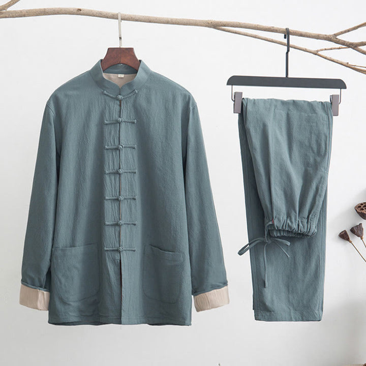 Conjunto de 2 piezas de traje zen Tang de lino con botones de rana y camisa de manga larga y pantalones para hombre con Buddha Stones - Azul cadete - US/UK/AU44, EU54 (4XL) - image 4