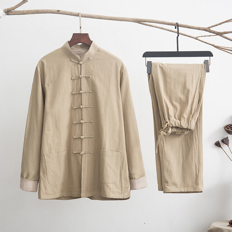 Conjunto de 2 piezas de traje zen Tang de lino con botones de rana y camisa de manga larga y pantalones para hombre con Buddha Stones - Mocasín - US/UK/AU44, EU54 (4XL) - image 20