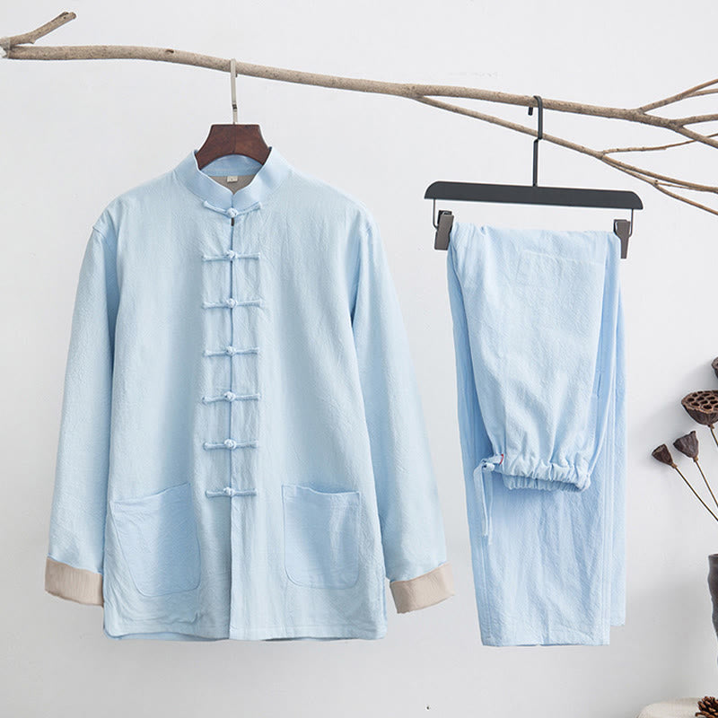 Conjunto de 2 piezas de traje zen Tang de lino con botones de rana y camisa de manga larga y pantalones para hombre con Buddha Stones - Cian claro - US/UK/AU44, EU54 (4XL) - image 22