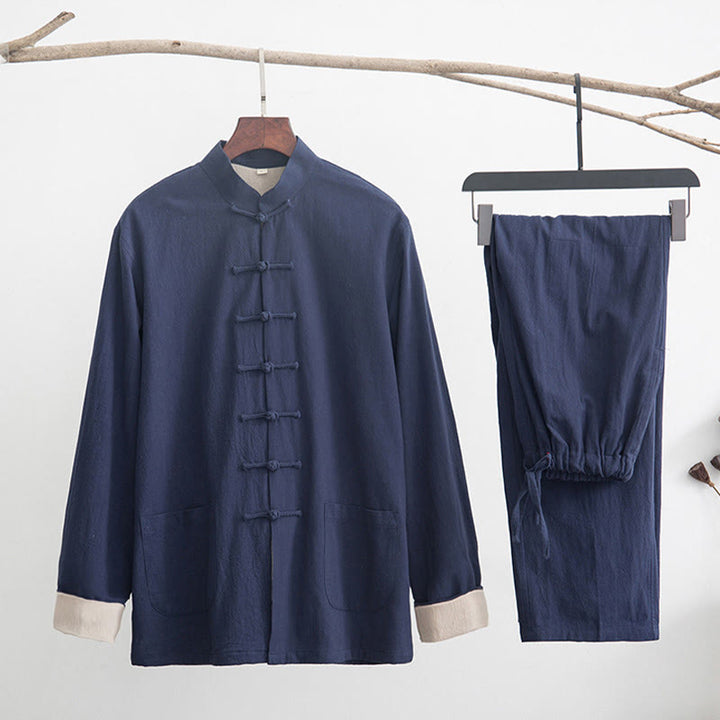 Conjunto de 2 piezas de traje zen Tang de lino con botones de rana y camisa de manga larga y pantalones para hombre con Buddha Stones - Azul acero - US/UK/AU44, EU54 (4XL) - image 23