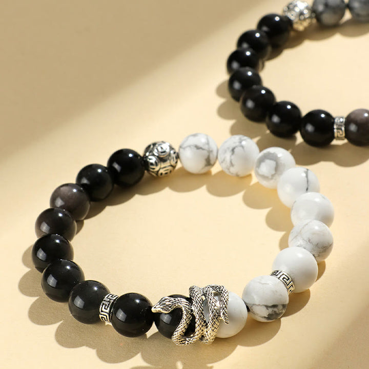 Pulsera de protección del año de la serpiente con obsidiana blanca, turquesa, jaspe gris y Buddha Stones con brillo plateado natural y obsidiana copo de nieve