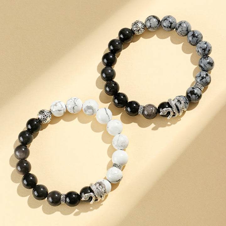 Pulsera de protección del año de la serpiente con obsidiana blanca, turquesa, jaspe gris y Buddha Stones con brillo plateado natural y obsidiana copo de nieve