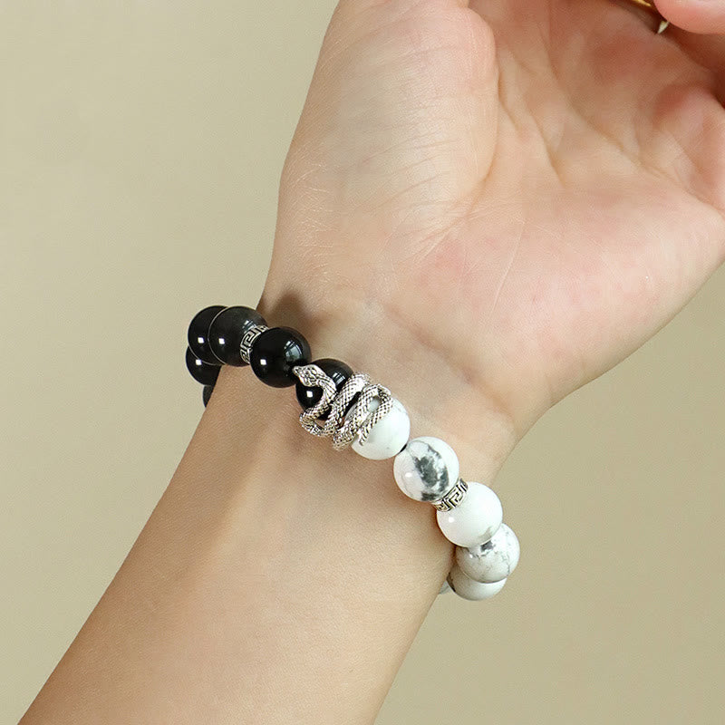 Pulsera de protección del año de la serpiente con obsidiana blanca, turquesa, jaspe gris y Buddha Stones con brillo plateado natural y obsidiana copo de nieve