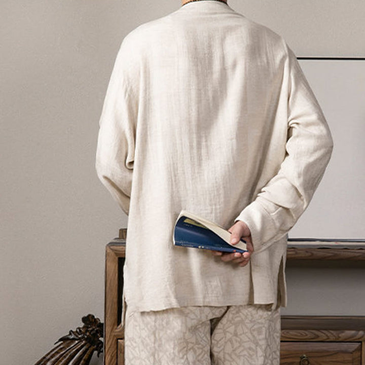 Camisa de lino de manga larga con cuello en V y Buddha Stones para hombre Ropa Zen - image 14