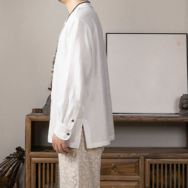 Camisa de lino de manga larga con cuello en V y Buddha Stones para hombre Ropa Zen - image 3