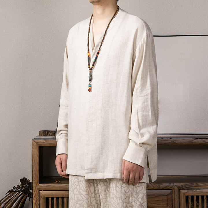 Camisa de lino de manga larga con cuello en V y Buddha Stones para hombre Ropa Zen - image 12