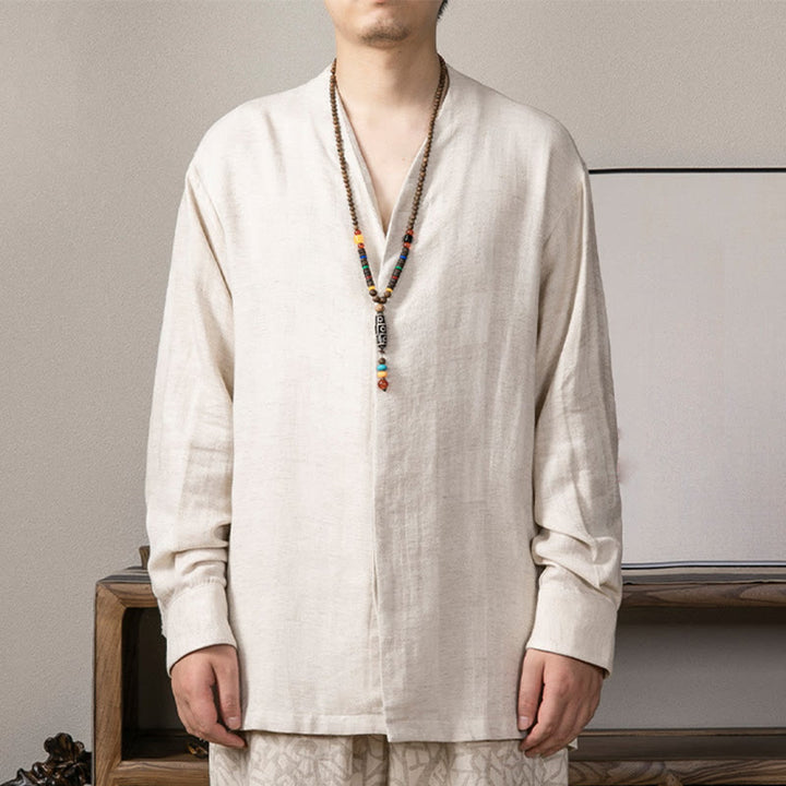 Camisa de lino de manga larga con cuello en V y Buddha Stones para hombre Ropa Zen - Lino - US/UK/AU44, EU54 (4XL) - image 10