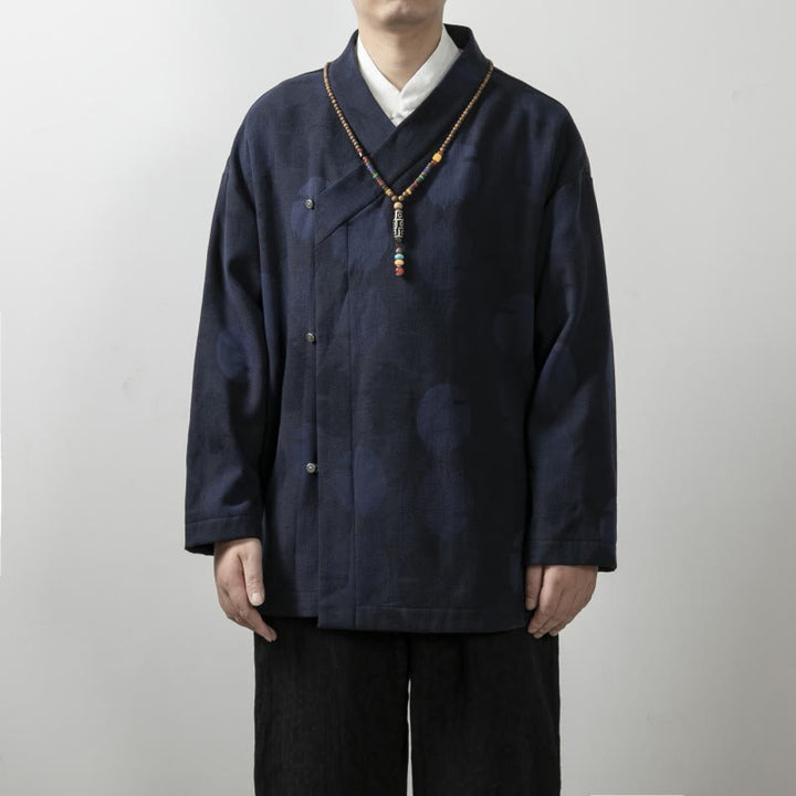 Camisa de algodón jacquard de manga larga con cuello en V y color liso para hombre con Buddha Stones