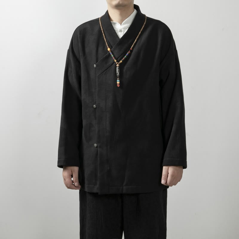 Camisa de algodón jacquard de manga larga con cuello en V y color liso para hombre con Buddha Stones