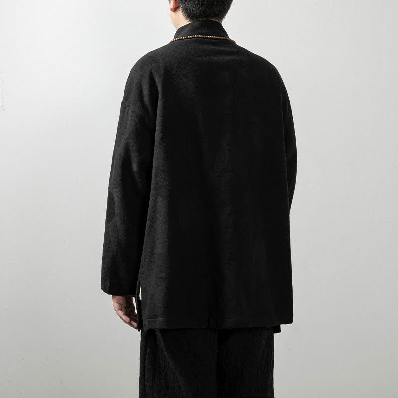 Camisa de algodón jacquard de manga larga con cuello en V y color liso para hombre con Buddha Stones